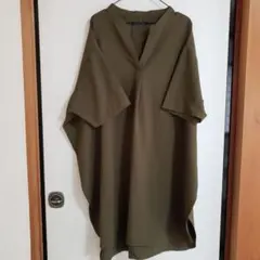 カーキ　 シャツワンピース 半袖 Vネック　M