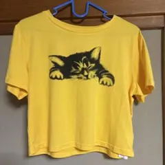 猫プリント クルーネック 半袖Tシャツ イエロー