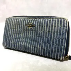 양품 COACH 코치 긴 지갑 데님 퀼팅 라운드 패스너