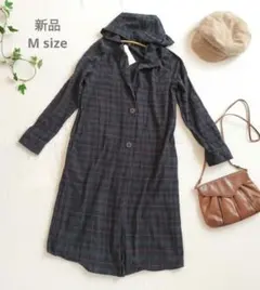 新品 タグ付き cotton M 綿 羽織り 薄手 コート チェック 濃緑