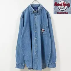 3XL相当　90s　ハードロックカフェ　アイスインディゴ　ロゴ刺繍　デニムシャツ