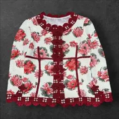 美品ノコオーノ ツイード風プリーツ/ビジュー装飾 フリル襟ロング 