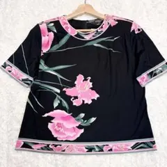 希少✨レオナール花柄トリムブラウスLL洗えるカットソーTシャツ総柄