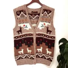 ペルー産 アルパカ100% ハンドニットベスト 総柄 フリーサイズ