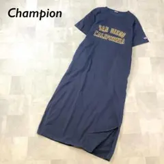 Champion フロント プリント ロング ワンピース 半袖 ネイビー