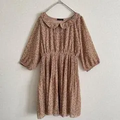 ビブレ 花柄 プリーツ ワンピース L シフォン 丸襟 七分袖 フェミニンレトロのサムネイル