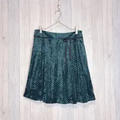 【B】ベロアフレアスカート 膝丈 ドット柄 ウエストリボン飾り グリーン