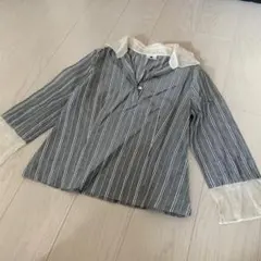 【美品】シアー襟・袖切替え ストライプ スキッパーシャツ グレー Mサイズ