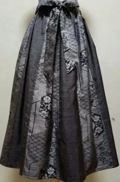 正絹柄紬&男大島紬着物リメイクギャザースカート、リボン付き