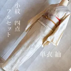 単衣　小紋フルセット　着物　正絹　紬　花刺繍の帯　G12