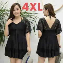 水着　レディース　4XL　ワンピース水着　体型カバー　黒　大きめ　レース　着痩せ