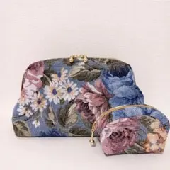 ワイヤーポーチセット(ゴブラン織り風薔薇柄)ブルー