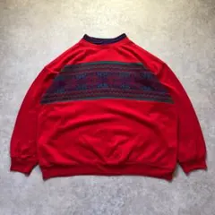90s USA製 ネイティブ柄スウェット切替レトロ古着女子ゆるだぼ赤2X 3L