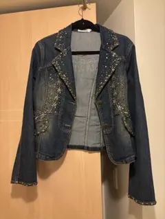 ☆美品☆ ビジューデニムジャケット ノーカラー ドロア アウター G 