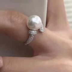 一粒パール・ダイヤオープンリング　シルバー　キラキラ　韓国　結婚式　真珠