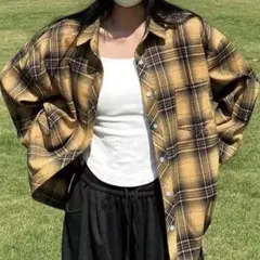 SHEIN チェック柄 ドロップショルダー 長袖 イエロー シャツ