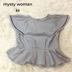 mysty woman フリルブラウス ストライプ　ペプラム M　紺 白のサムネイル