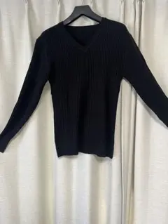 黒 Vネック リブ編みニット XL