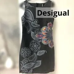 デシグアル　ワンピース　デニム　黒　刺繍　花柄　ラメ　ノースリーブ　ドレス