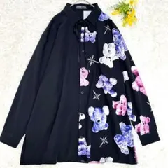 トラバストーキョー　バイカラーくま総柄長袖シャツ　ブラウス　ゆったり　手洗可のサムネイル