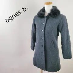 アニエスベーagnes b9分袖ファー襟付ミディ丈ウールコートダークグレーS～M