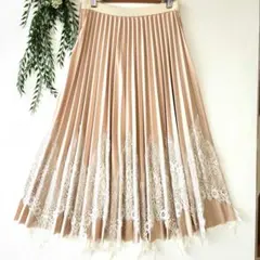 ❄プリーツ ロング スカート レース フレア【F】エレガント ベージュ