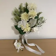 ホワイトウェディングブーケ リボン付き