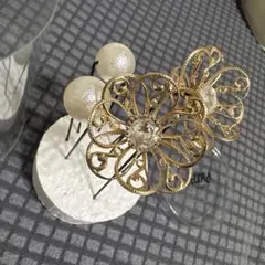 和装小物　金色の花かんざし コットンパールのかんざし　4本セット