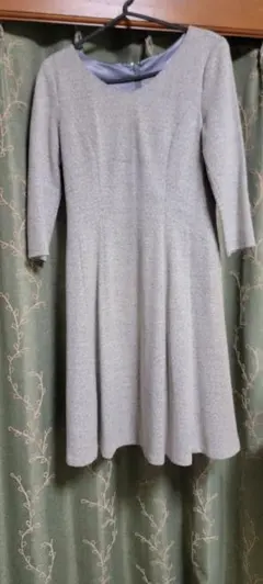 グレー ヘリンボーン Aライン ワンピース 七分袖