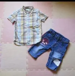 グローバルワークチェック柄半袖Tシャツ  eab デニムハーフパンツ 110