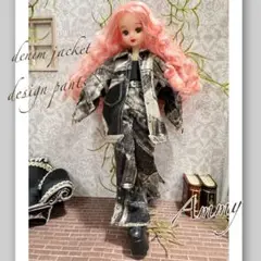582 リカちゃん服　デニム風ジーンズパッチデザインジャケット＆パンツ　黒