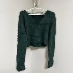 SHEIN シャギーニット　グリーン　クロップド丈