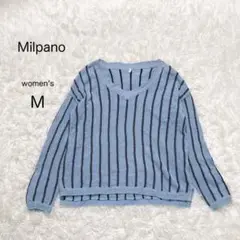 【ミルパーニョ】透け感ニット トップス シアー ボーダー Vネック 麻混