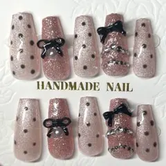 ネイルチップ現品 ドット柄 ピンク リボン ネイルチップ ガーリー