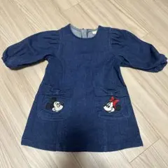 petit main デニムワンピース 七分袖 ミッキー・ミニー