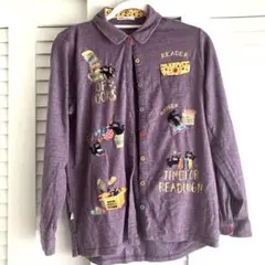 rough 紫　コットンシャツ　猫と本の刺繍入り長袖シャツ　カジュアル　イラストのサムネイル