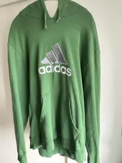 adidas パーカー グリーン ロゴ Mサイズ 大きめ L相当 フーディ