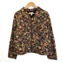 【美品】ヴィンテージ 花柄 総柄ジャケット ジャガード 襟付き XL レトロ