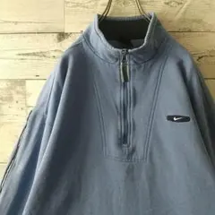 希少ギリシャ製☆90s ナイキ 刺繍ロゴ ハーフジップ スウェット くすみブルー