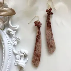 一点物✧希少✧ピンクフォッシルコーラル×ガーネットピアス✧14kgf