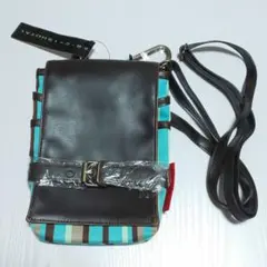 ショルダーバッグ 茶色と青のストライプ カラビナ付き