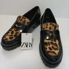 ZARA ザラ 新作 本革ファースキン アニマル ローファー 39 ヒョウ柄 豹 ZARA ザラ 新作 本革ファースキン アニマル ローファー 39