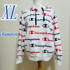 Champion XL パーカー ホワイト/レッド/ブラック　総柄　カジュアル