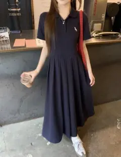 DAZY ネイビー ポロワンピース 半袖 フレアスカート Lサイズ SHEIN