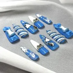 水色 マグネット うさぎ ハート リボン ネイルチップ ロング 概念ネイル