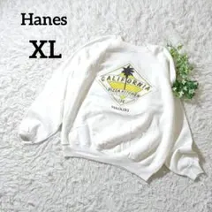 ヘインズ　長袖トレーナー　XL　白　裏起毛　クルーネック　フロントプリント899