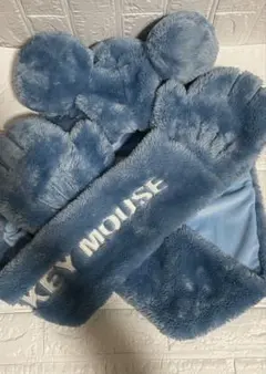 Disney ミッキーマウス 耳付き ファンキャップ マフラー　手袋 青