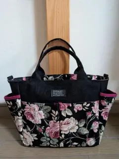 黒デニム◆ロココ調薔薇柄◆ポケット沢山トートバッグ◆ハンドメイド◆