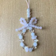 開運　ローズクォーツ　ストラップ　リボンとハート　パワーストーン　ハンドメイド