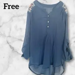 美品✨ 長袖チュニック【Free】刺繍風 ネイビー シフォンブラウス レディース
